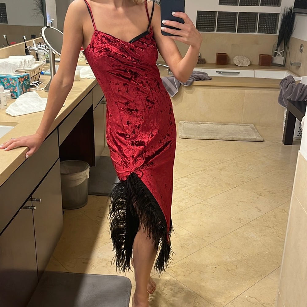 Velvet dress with real feathers that can be worn as two separate dresses